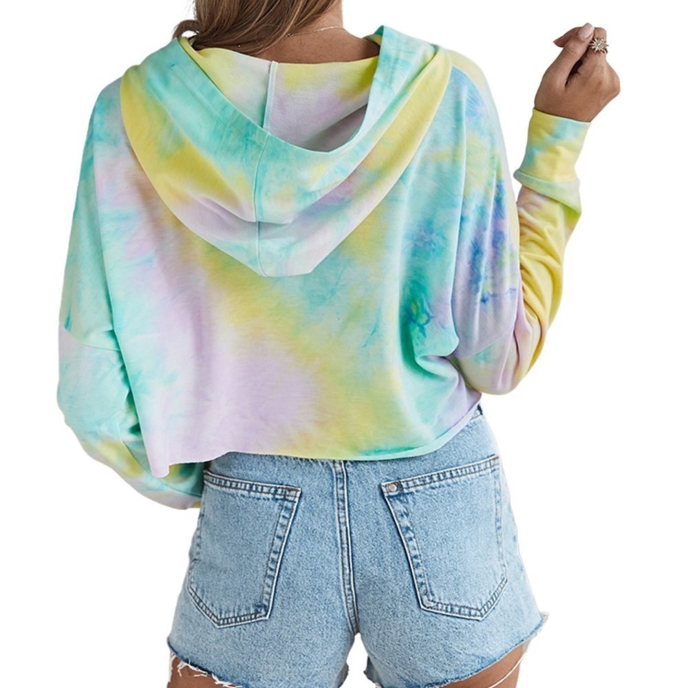 Pastel Tie Dye Cropped Pullover Hoodie Hand Dyed Yellow Pink Aqua L, XL